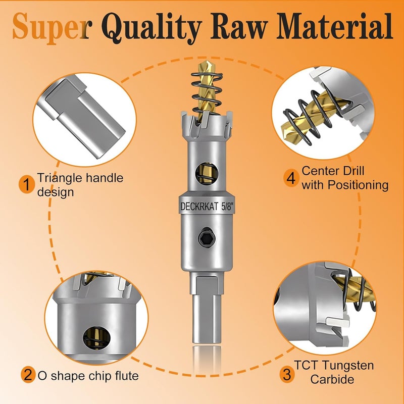 DECKRKAT 2-Pack 5/8” TCT Hole Saws for Hard Metal, Heavy Duty 16mm Tungsten Carbide Tipped Hole Cutters Set with Spring-Loaded Pilot Drill Bits for Stainless Steel, Metal, Iron, and Plastic - Image 4